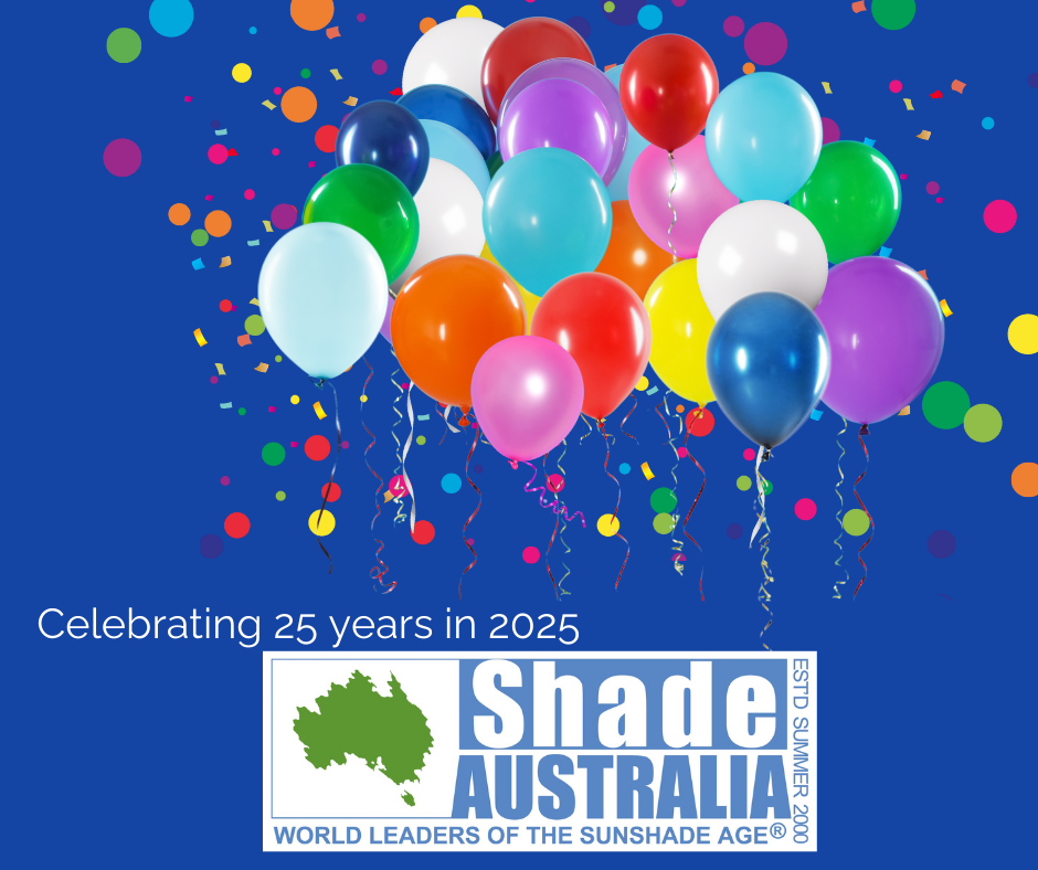 The Shade Australia Logo on a blue background with a bunch of balloons above it and confetti-like dots behind them.